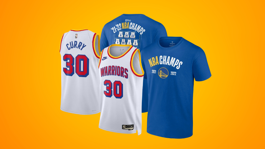 Golden State Warriors championship apparel featuring two white Stephen Curry #30 jerseys and two blue "NBA Champs 2021-2022" T-shirts, displayed against an orange background
