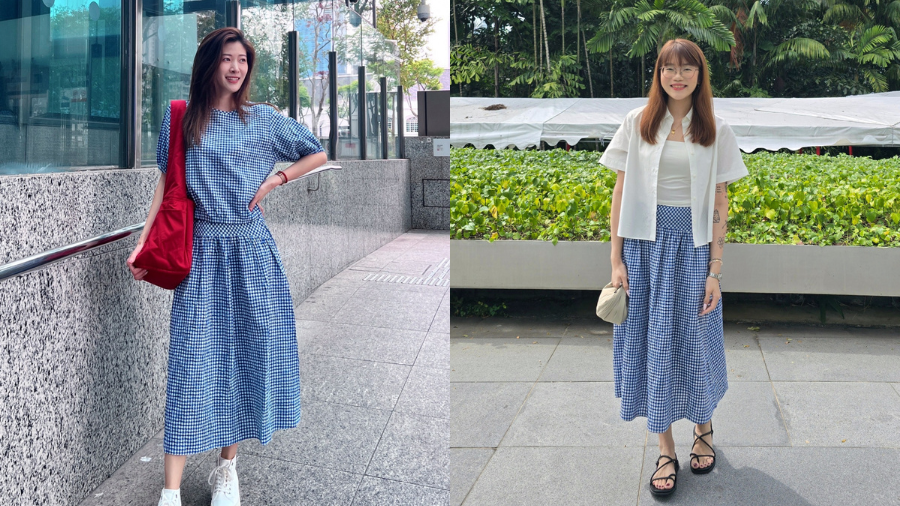 Seersucker Volume Blouse and Skirt Set