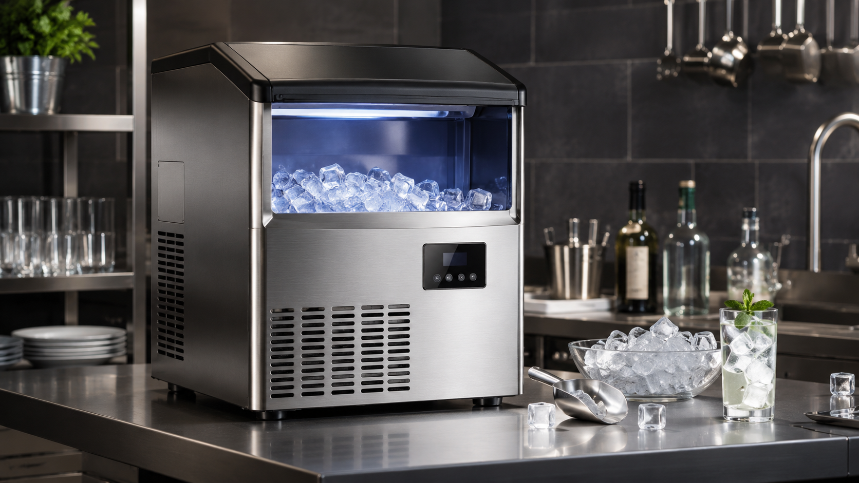 Modern kitchen with stainless ice machine